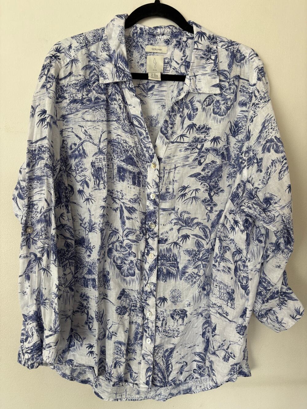 Joie Linen Button-Down Tropical Prinkt Top White Blue Sz 2X
